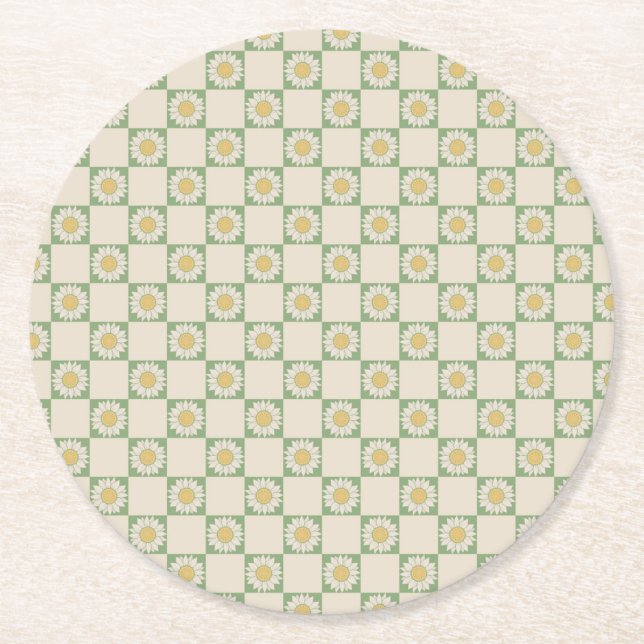 Green Aesthetic Chequered Sunflower Y2K Pattern Round Paper Coaster (Front)