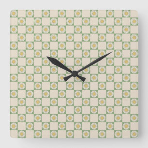 Green Aesthetic Chequered Sunflower Y2K Pattern Square Wall Clock