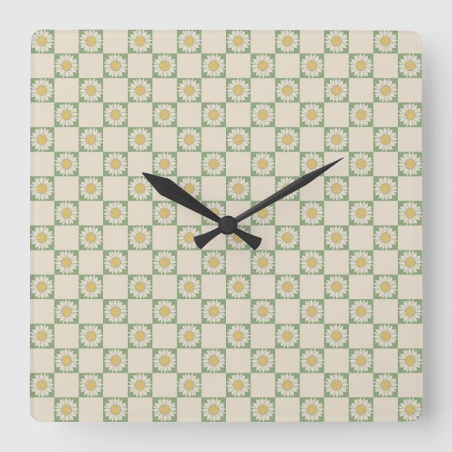 Green Aesthetic Chequered Sunflower Y2K Pattern Square Wall Clock (Front)