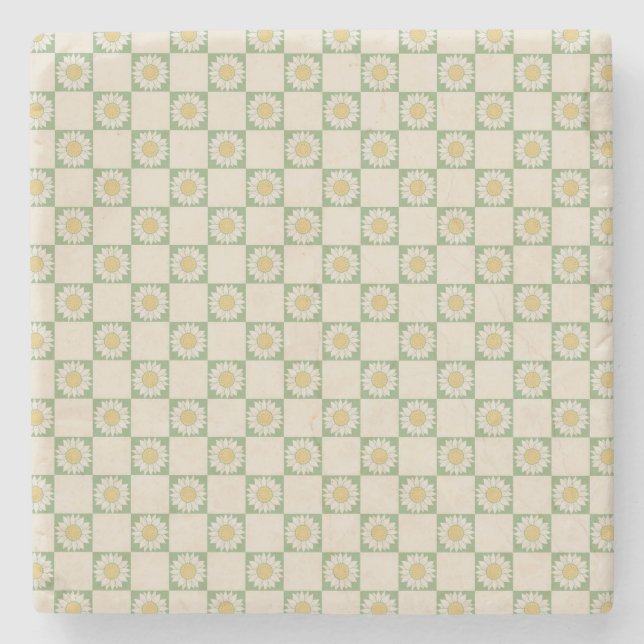 Green Aesthetic Chequered Sunflower Y2K Pattern Stone Coaster (Front)