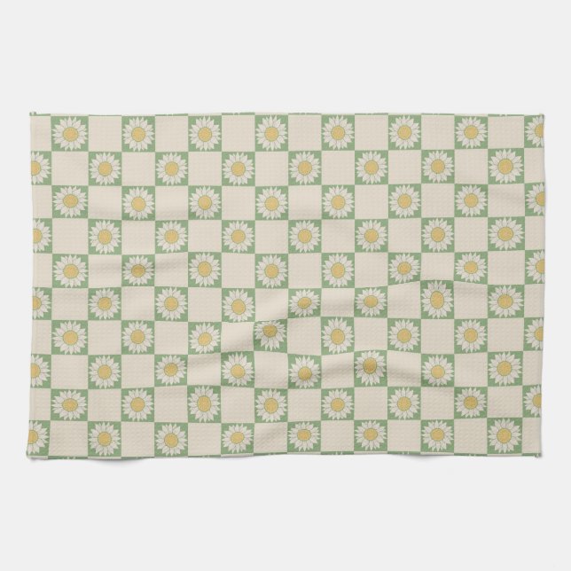 Green Aesthetic Chequered Sunflower Y2K Pattern Tea Towel (Horizontal)