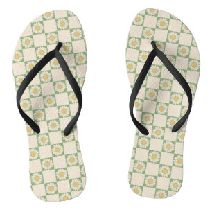 Green Aesthetic Chequered Sunflower Y2K Pattern Thongs
