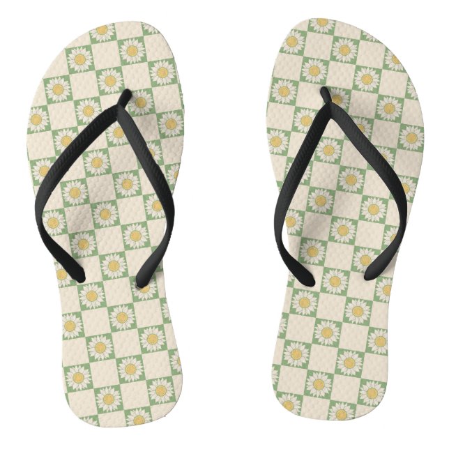 Green Aesthetic Chequered Sunflower Y2K Pattern Thongs (Footbed)