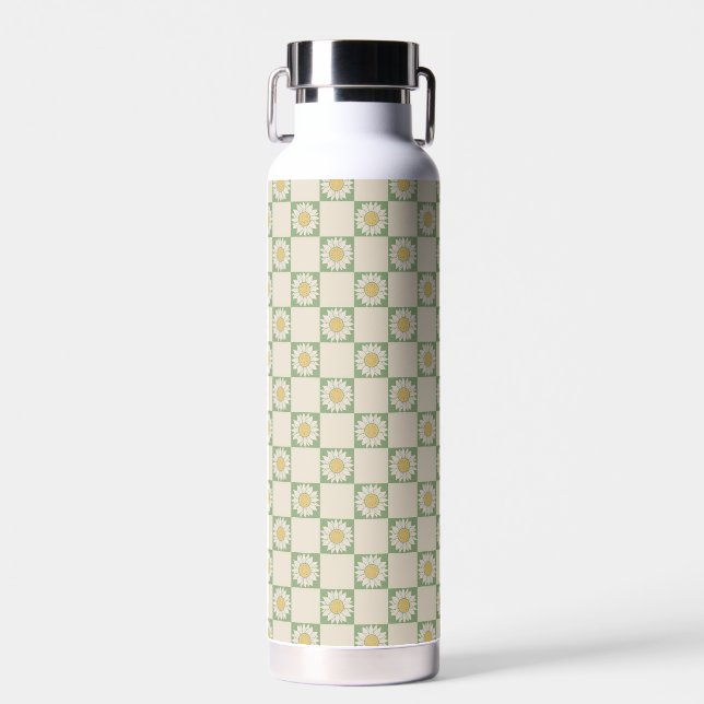 Green Aesthetic Chequered Sunflower Y2K Pattern Water Bottle (Front)