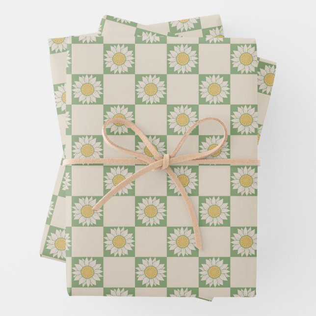 Green Aesthetic Chequered Sunflower Y2K Pattern Wrapping Paper Sheet (In situ)