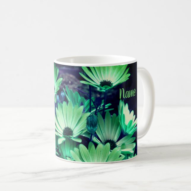 Green African Daisies Floral Art Personalised Coffee Mug (Front Right)