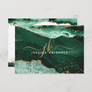 Green Agate Geode Gold Glitter Script Monogram Card