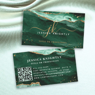 Green Agate Geode Monogram Gold Script Business Card