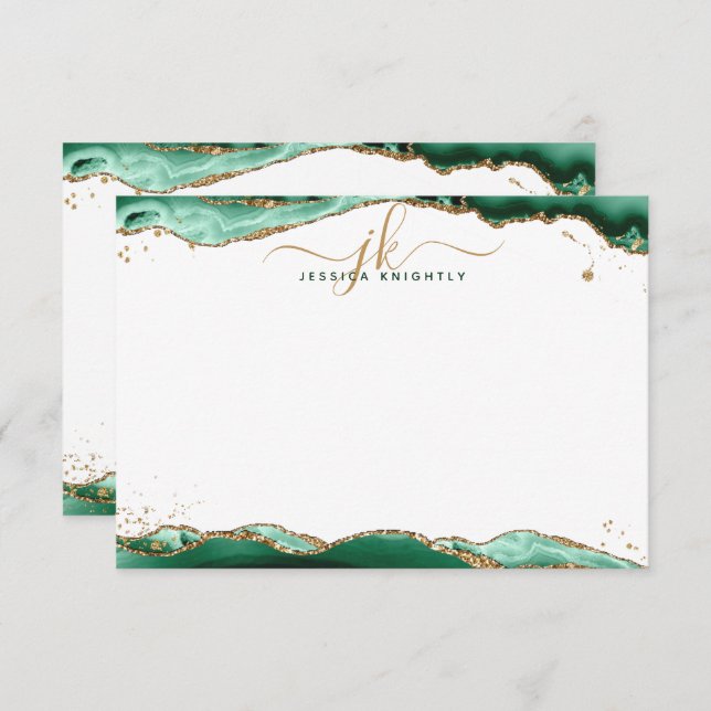 Green Agate Geode Script Monogram Gold Glitter Card (Front/Back)