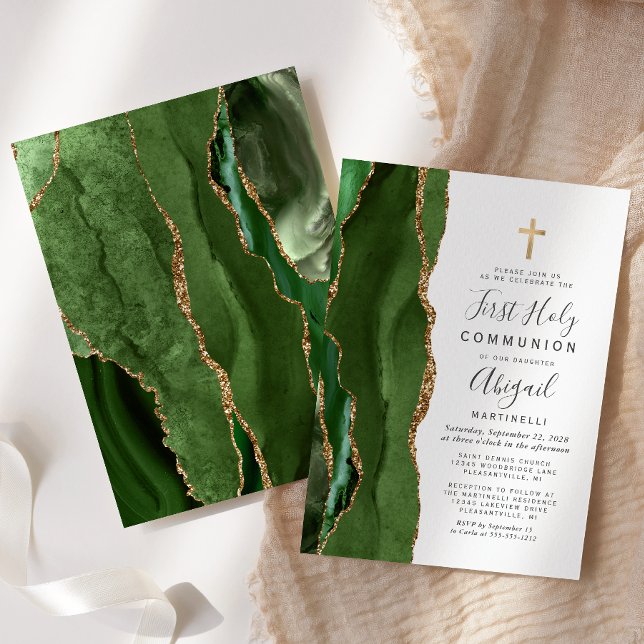  Green Agate Gold Glitter First Holy Communion Invitation (Creator Uploaded)