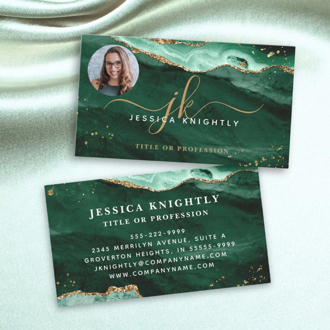 Green Agate Gold Glitter Script Monogram Photo Business Card (Creator Uploaded)