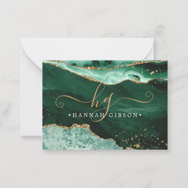 Green Agate Monogram Fancy Script Gold Glitter Card (Front)