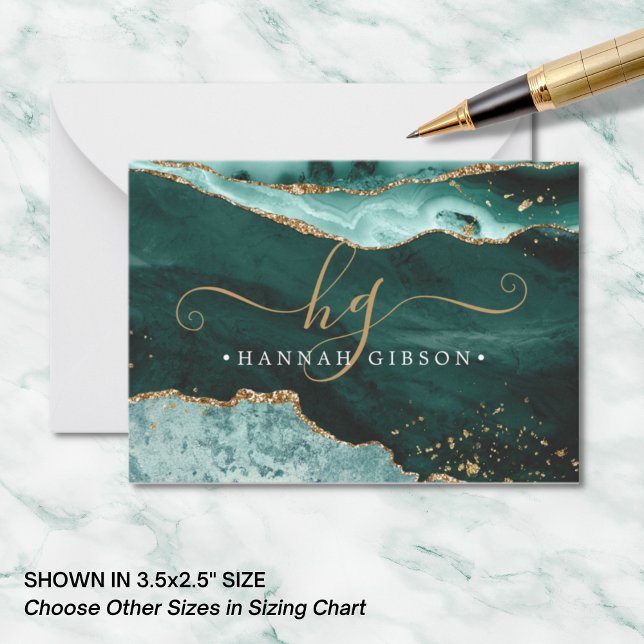 Green Agate Monogram Fancy Script Gold Glitter  Card (Creator Uploaded)