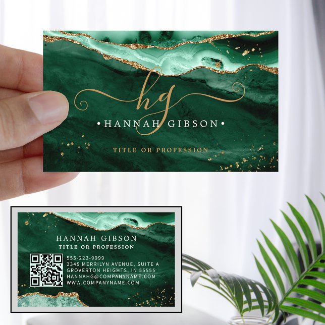  Green Agate Script Monogram QR Code Glitter Business Card (Creator Uploaded)