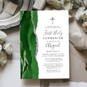 Green Agate Silver Glitter First Holy Communion Invitation