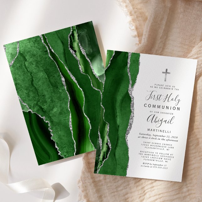 Green Agate Silver Glitter First Holy Communion Invitation (Creator Uploaded)