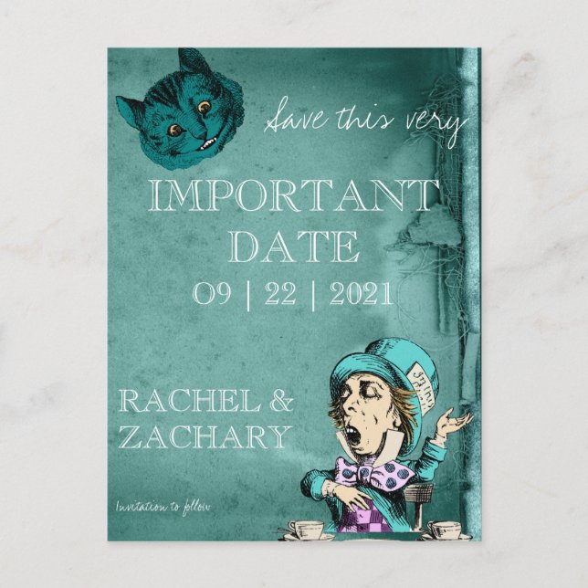 Green Alice in Wonderland Wedding Save The Date Postcard (Front)