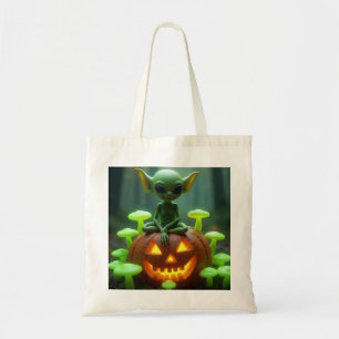Green alien at halloween tote bag