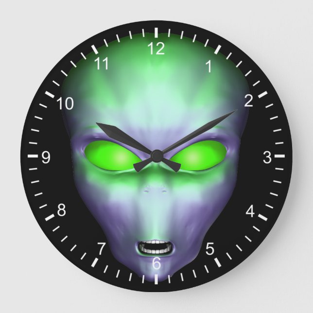 Green Alien Face Large Clock (Front)