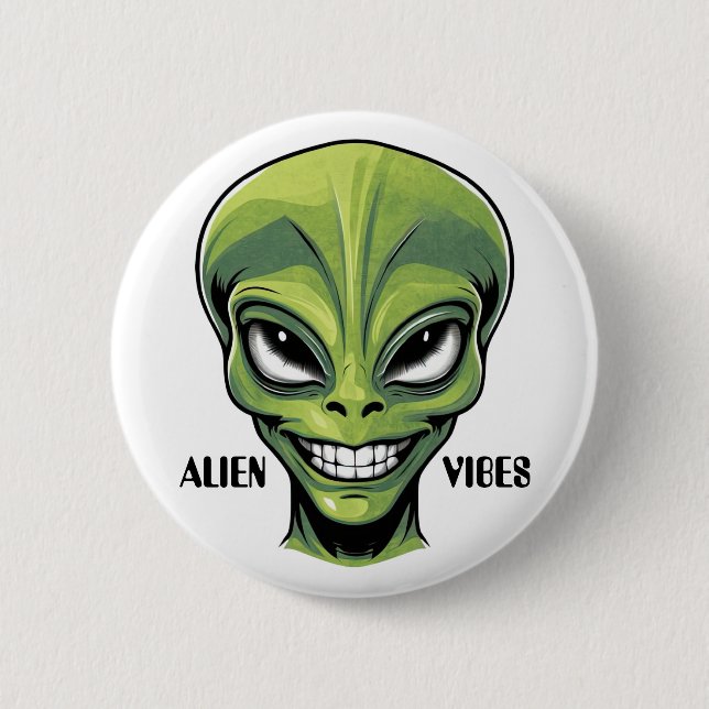 Green Alien Head 6 Cm Round Badge (Front)