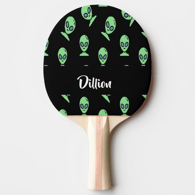 Green alien heads on black ping pong paddle (Front)