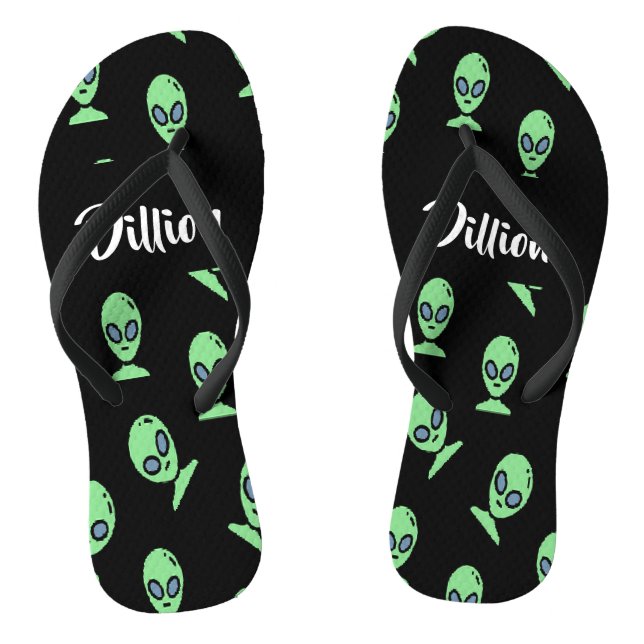 Green alien heads on black thongs (Footbed)