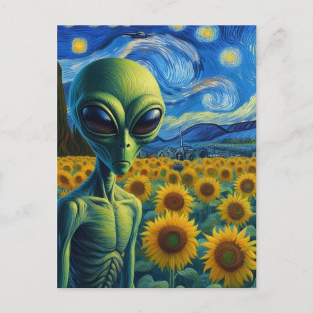 Green Alien in a Faux Van Gogh Sunflower Field Postcard (Front)