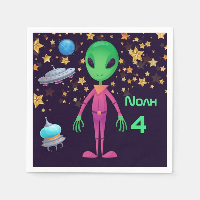 Green Alien UFO Add Name Age Birthday Party Napkin (Front)
