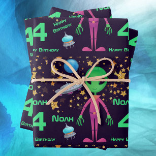 Green Alien UFO Add Name Age Happy Birthday Wrapping Paper Sheet