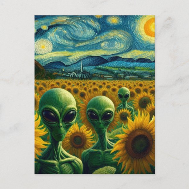 Green Aliens in a Van Gogh Sunflower Field Postcard (Front)