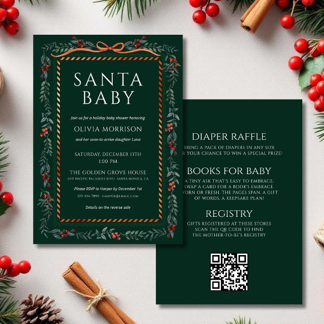 Green All in One Santa Baby Christmas Baby Shower Invitation (Creator Uploaded)