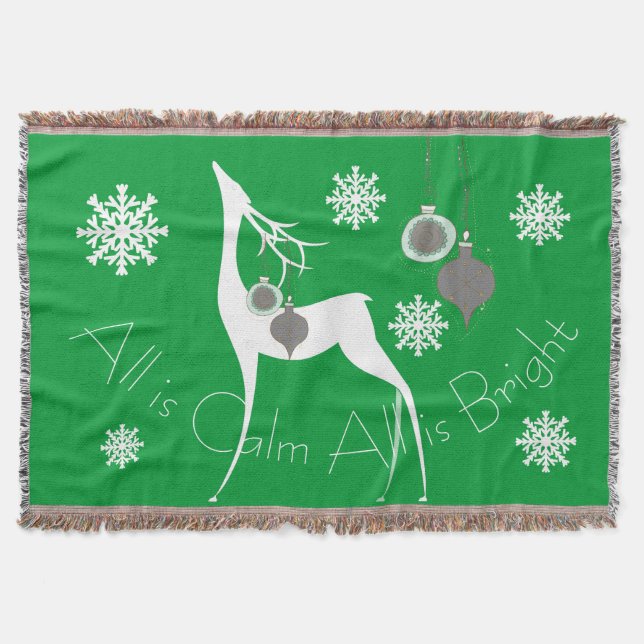 Green All is Calm All is Bright Deer Holiday Throw Blanket (Front)