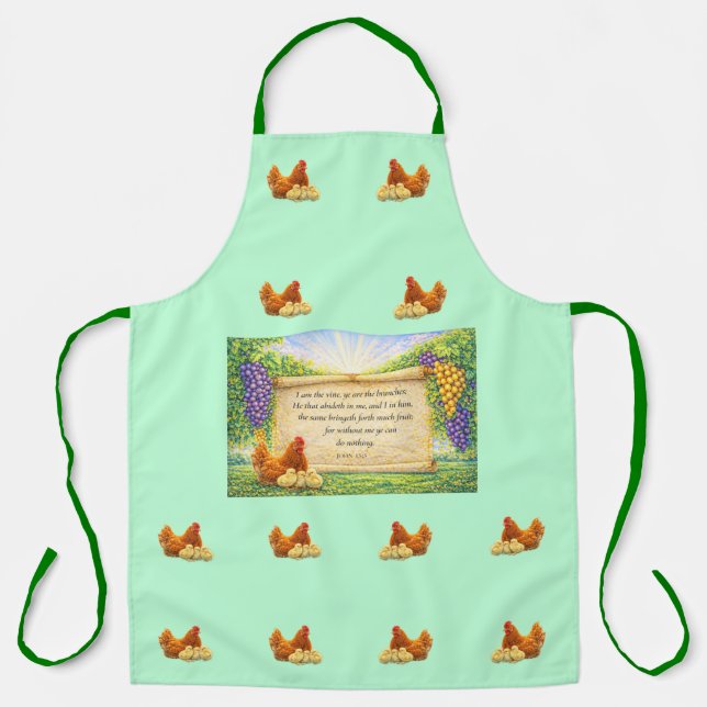Green All-Over Apron with Chickens & Bible Verse (Front)