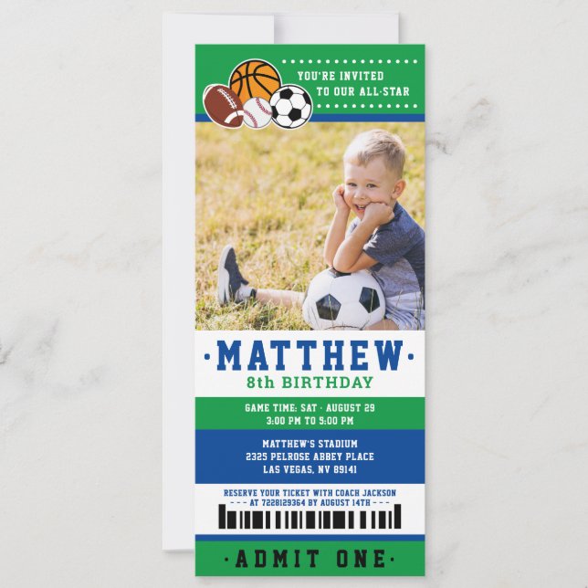 Green All Star Sport Ticket Birthday Party Photo Invitation (Front)
