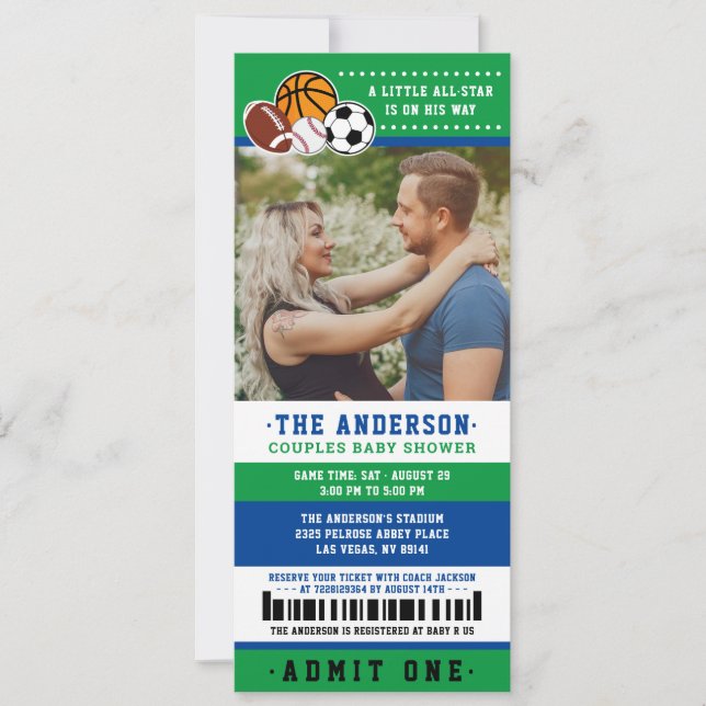 Green All Star Sport Ticket Couples Shower Photo Invitation (Front)