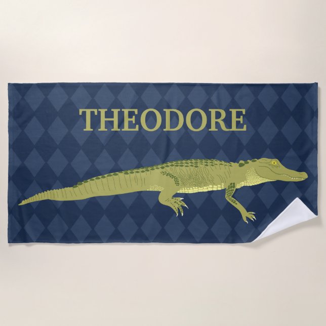 Green Alligator, Navy Blue Background Personalised Beach Towel (Front)