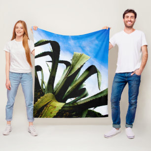 Green Aloe Plant with Bright Blue Sky Fleece Blanket