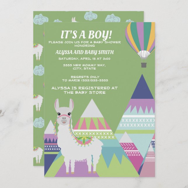 Green Alpaca Balloon Boy Baby Shower Invitation (Front/Back)