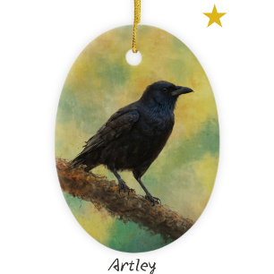 Green American Crow Bird Painting Year Christmas Ceramic Ornament