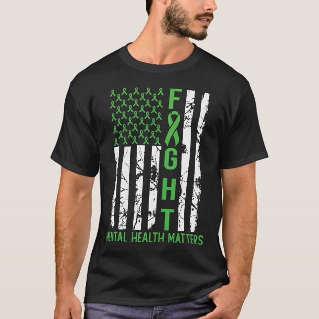 Green American Flag Usa Mental Health Problems  T-Shirt (Front)