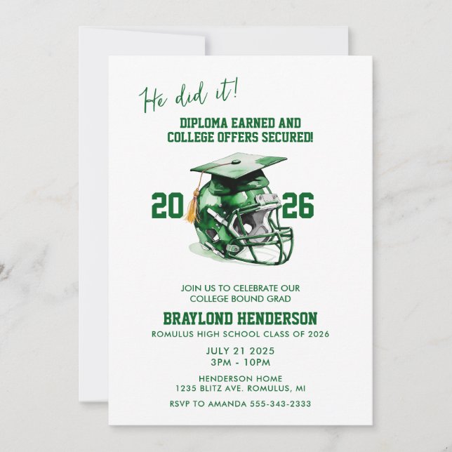 Green American Football Graduation Party Invitation (Front)