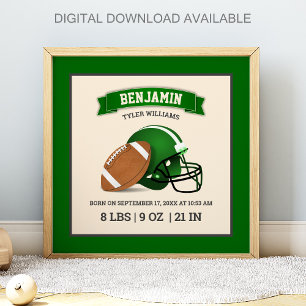 Green American Football Helmet Baby Birth Stats Poster
