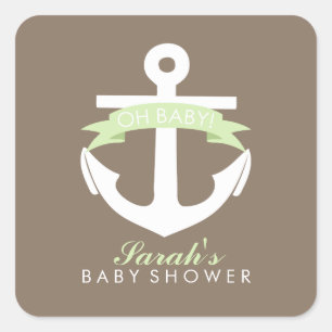 Green Anchor and Ribbon Baby Shower Square Sticker