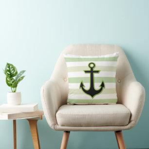 Green Anchor, Boat Anchor, Ship Anchor, Stripes Cushion