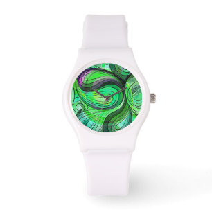 Green and Aqua Doodle With Black Lines Watch