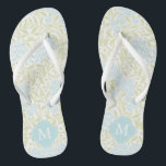 Green and Aqua Floral Damask Monogrammed Thongs<br><div class="desc">Beautiful and elegant floral damask pattern and quatrefoil frame monogram.</div>