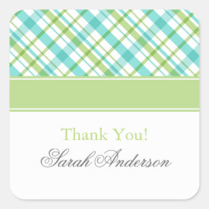 Green and Aqua Plaid Pattern Square Sticker