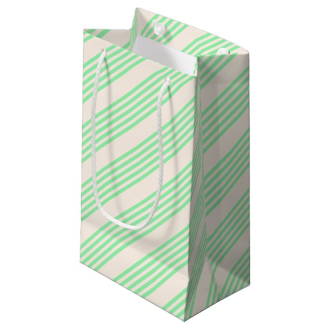 Green and beige five stripes pattern small gift bag (Front Angled)