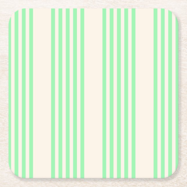 Green and beige five stripes pattern square paper coaster (Front)