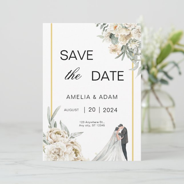Green and Beige Leaves Save the Date Wedding Invitation (Standing Front)